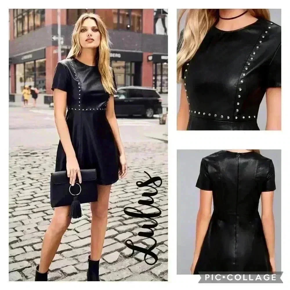Lulus Black Vegan Leather Studded Skater Dress Size XS